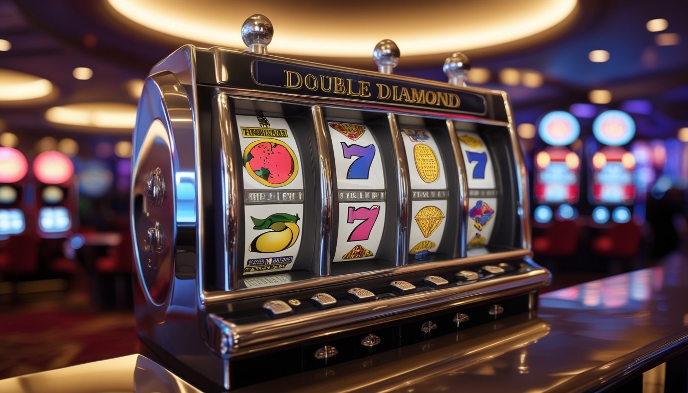 Mesin slot klasik Double Diamond berada di dalam kasino dengan pencahayaan hangat.