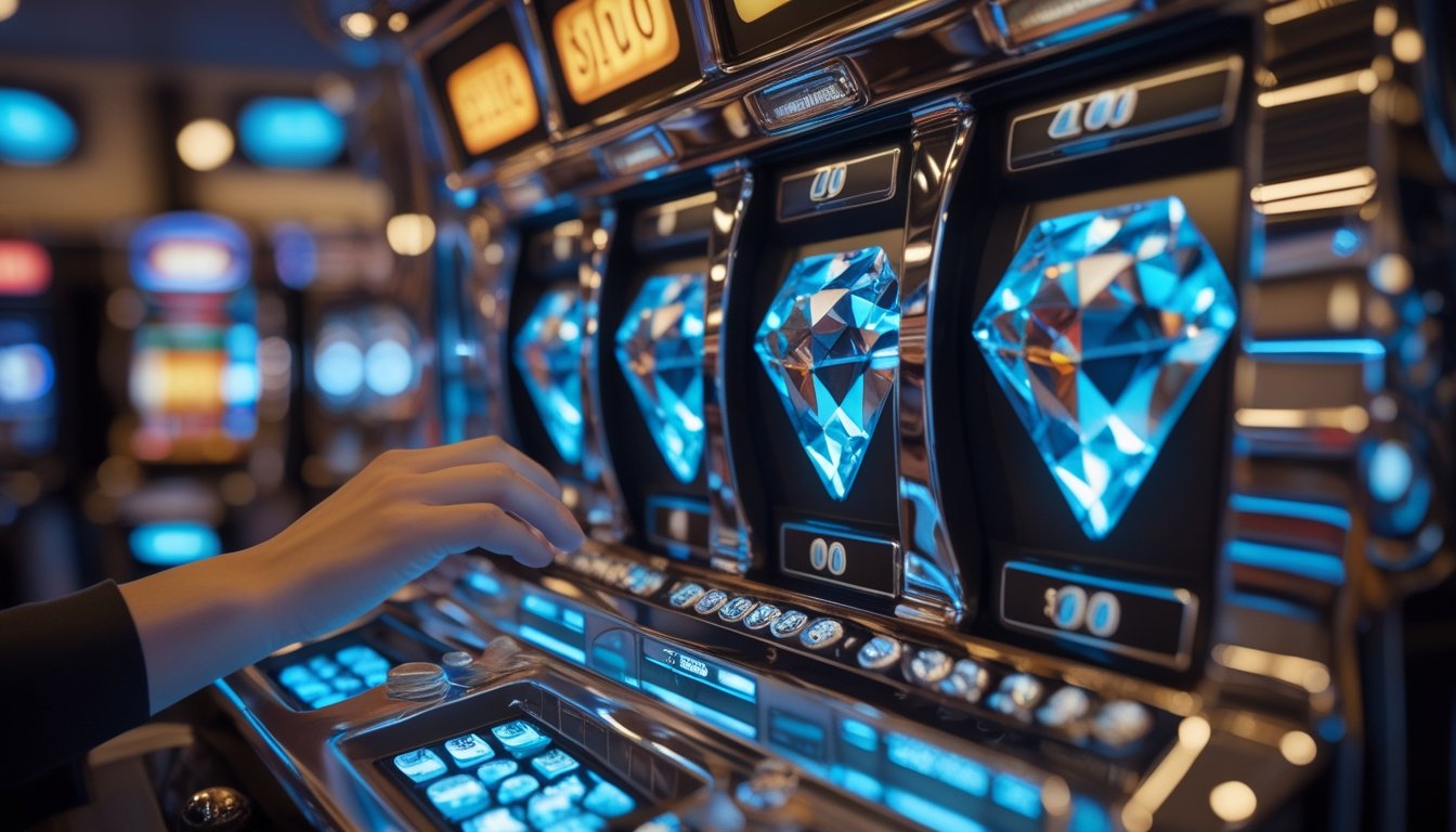 Mesin slot dengan dua simbol berlian yang menyala dan tangan pemain di dekat panel kontrol.
