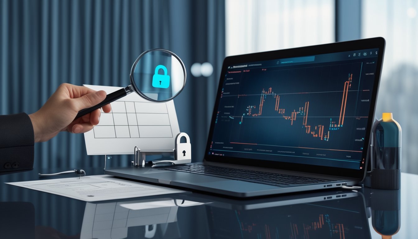 Laptop dengan simbol perisai, gembok, daftar periksa, dan grafik analitik untuk menilai keandalan situs permainan online.