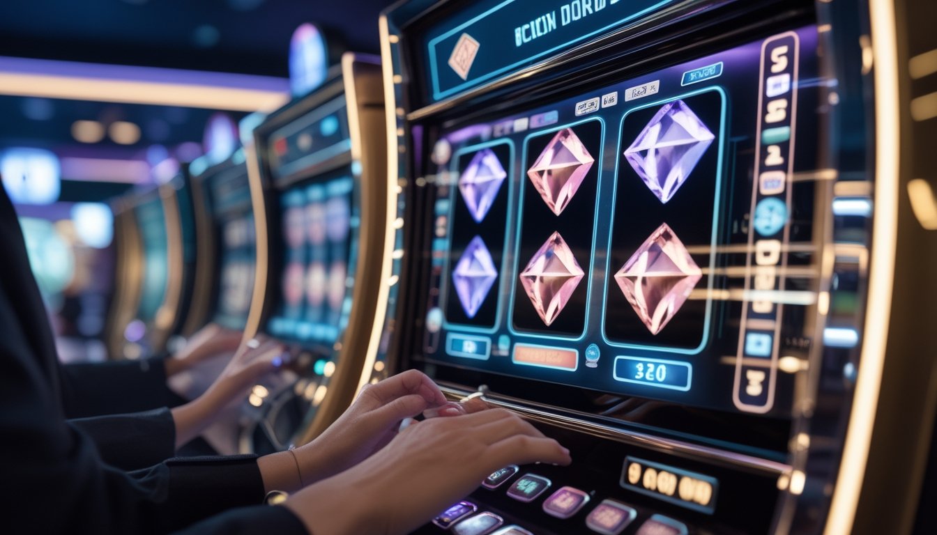 Tangan seorang pemain menggunakan mesin slot modern dengan simbol berlian bercahaya di kasino.