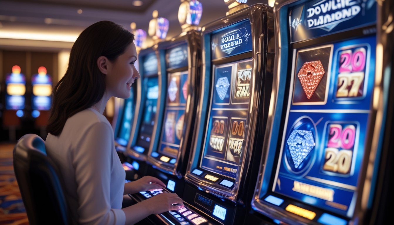 Seorang pemain menikmati mesin slot bertema berlian di kasino modern dengan pencahayaan berwarna-warni.