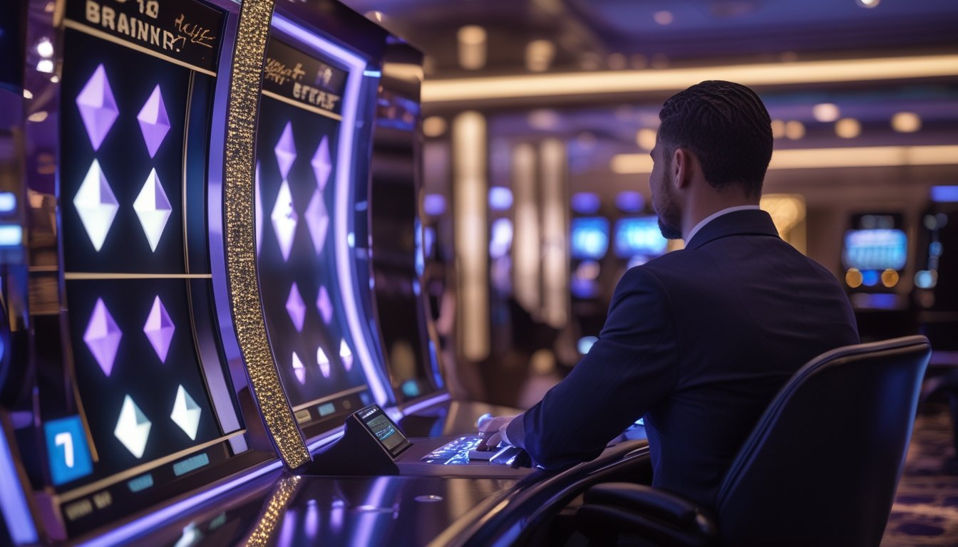 Seorang pemain duduk di ruang kasino modern dengan terminal permainan bercahaya dan simbol berlian abstrak.