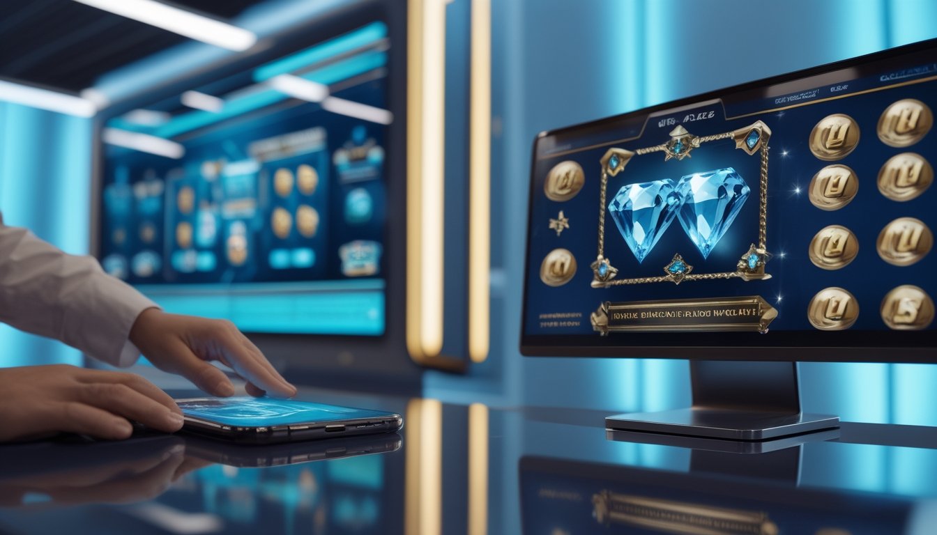 Tangan pengguna berinteraksi dengan tampilan permainan berlian ganda pada ponsel dan monitor modern.
