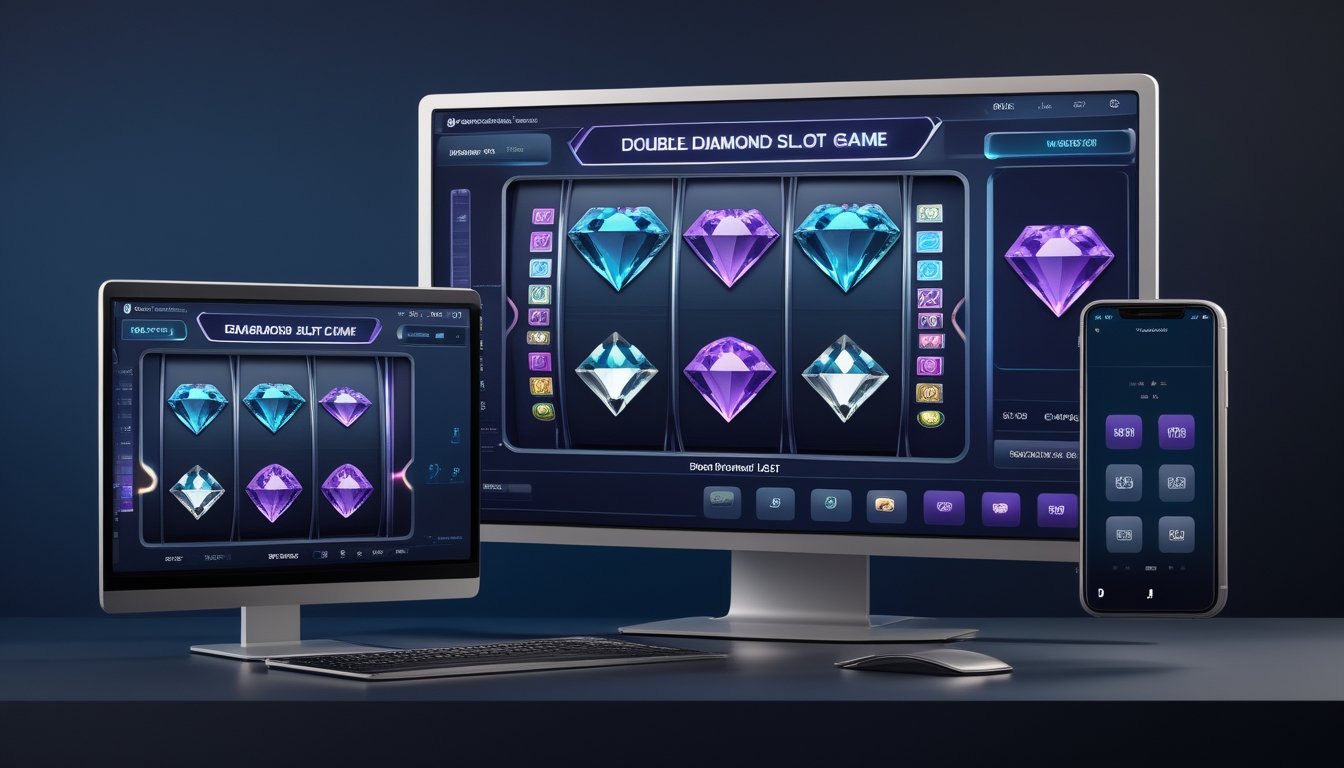 Monitor dan ponsel menampilkan antarmuka permainan slot berlambang berlian dengan tampilan modern.