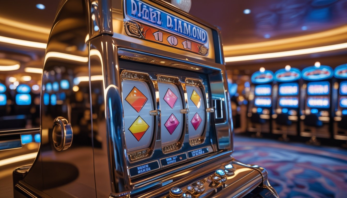 Mesin slot bertema berlian berada di dalam interior kasino modern dengan pencahayaan hangat.