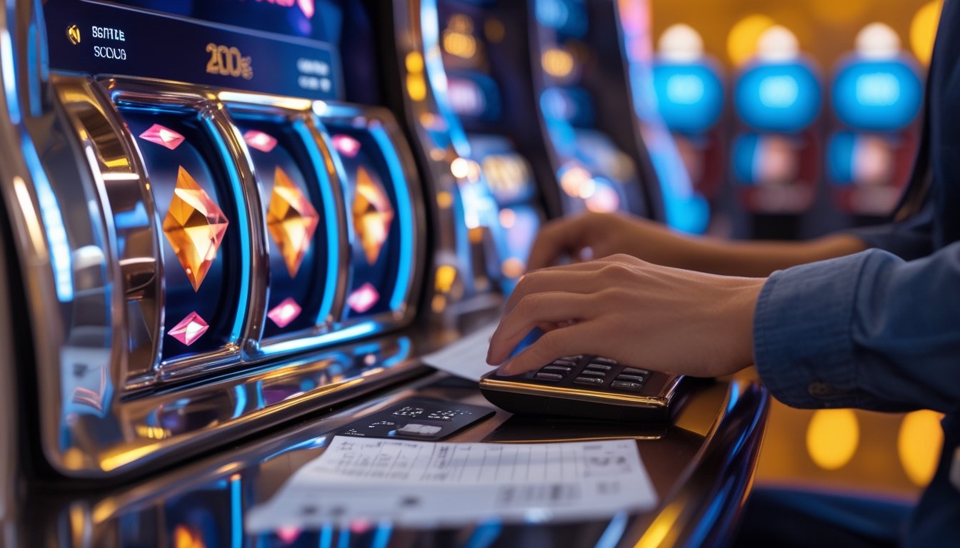 Mesin slot bertema berlian ganda dengan tangan pemain yang sedang menganalisis permainan di lingkungan kasino modern.