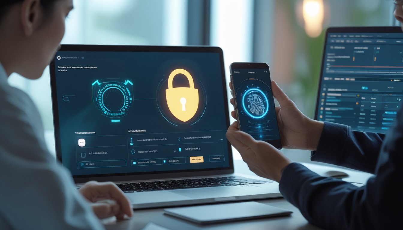 Pengguna memeriksa transaksi digital dengan perlindungan simbol gembok pada laptop dan ponsel.