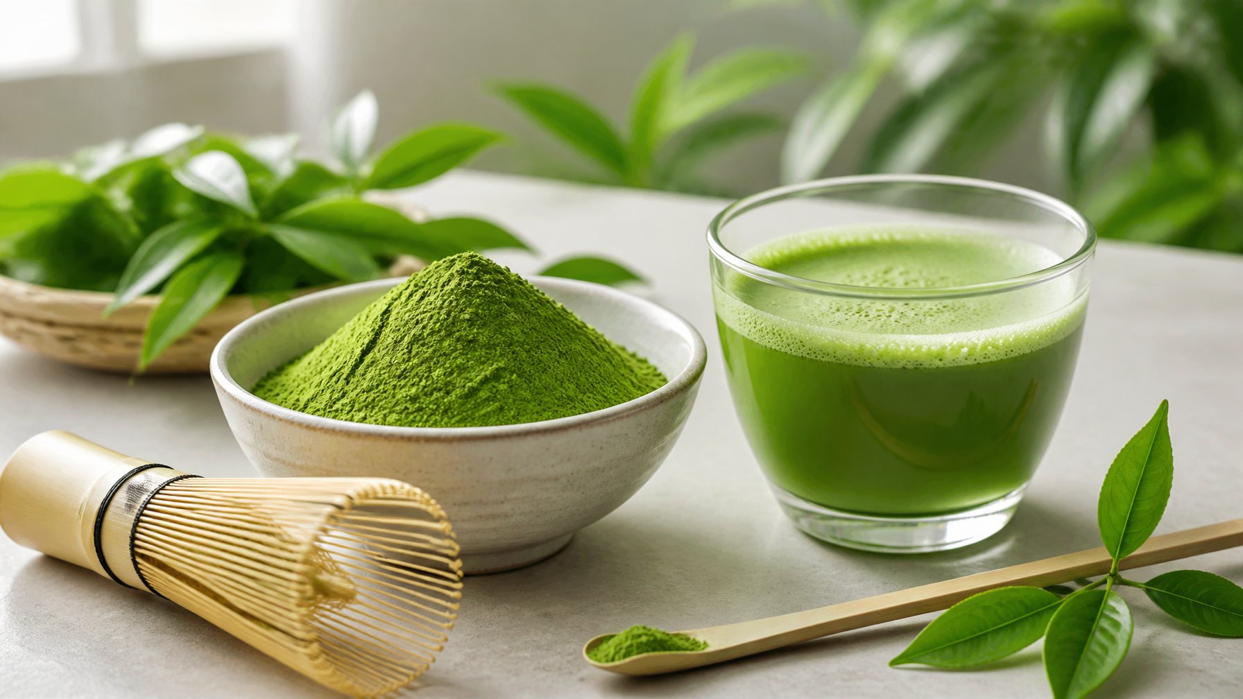 A bowl of bright green matcha powder beside a whisk, scoop, tea leaves, and a cup of prepared matcha.