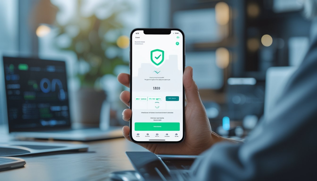 Tangan seseorang mengoperasikan ponsel dengan tampilan pembayaran digital yang aman di ruang kerja modern.