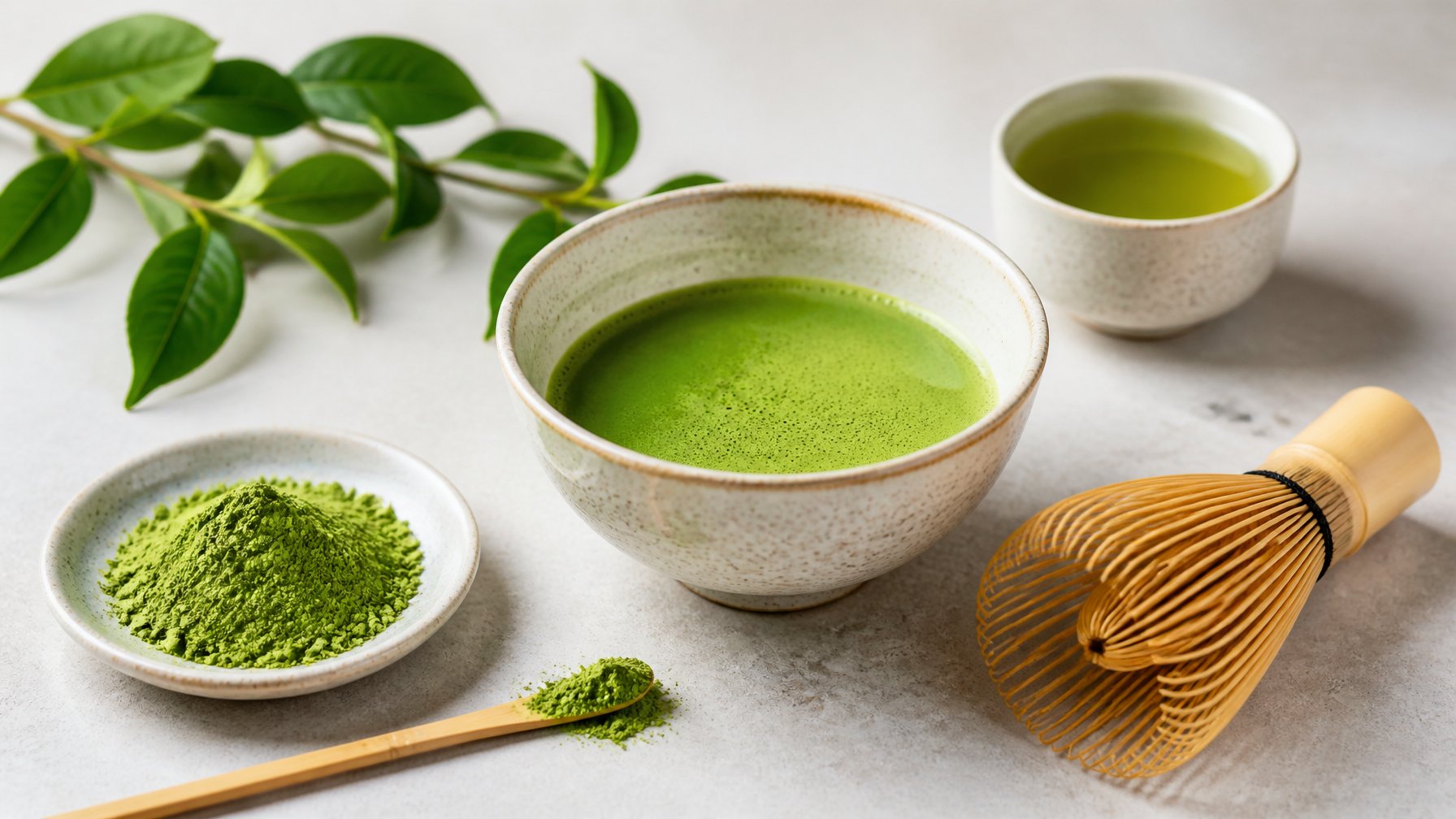 A bowl and cup of bright green matcha tea with a bamboo whisk, scoop, powder, and tea leaves.