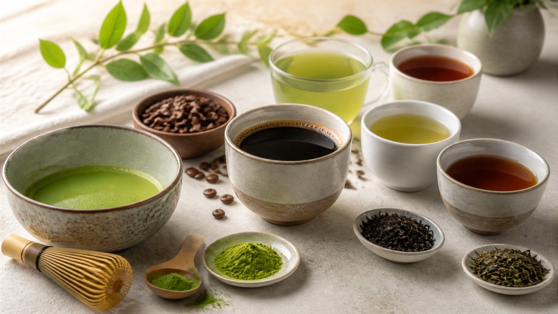 A bowl of green matcha, a cup of coffee, and cups of green and black tea arranged together on a table.