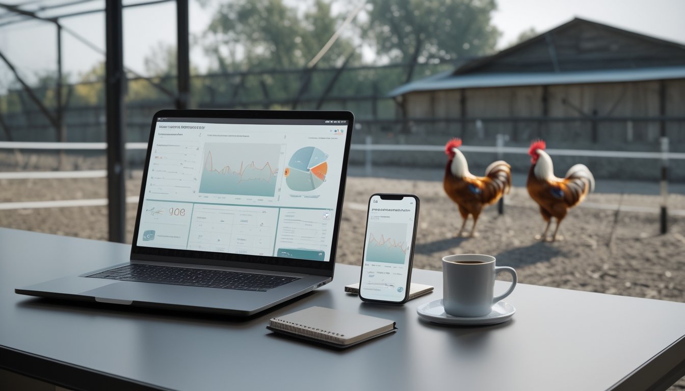 Laptop dan ponsel menampilkan dasbor perbandingan digital di meja, dengan dua ayam jantan terlihat aman di latar belakang.