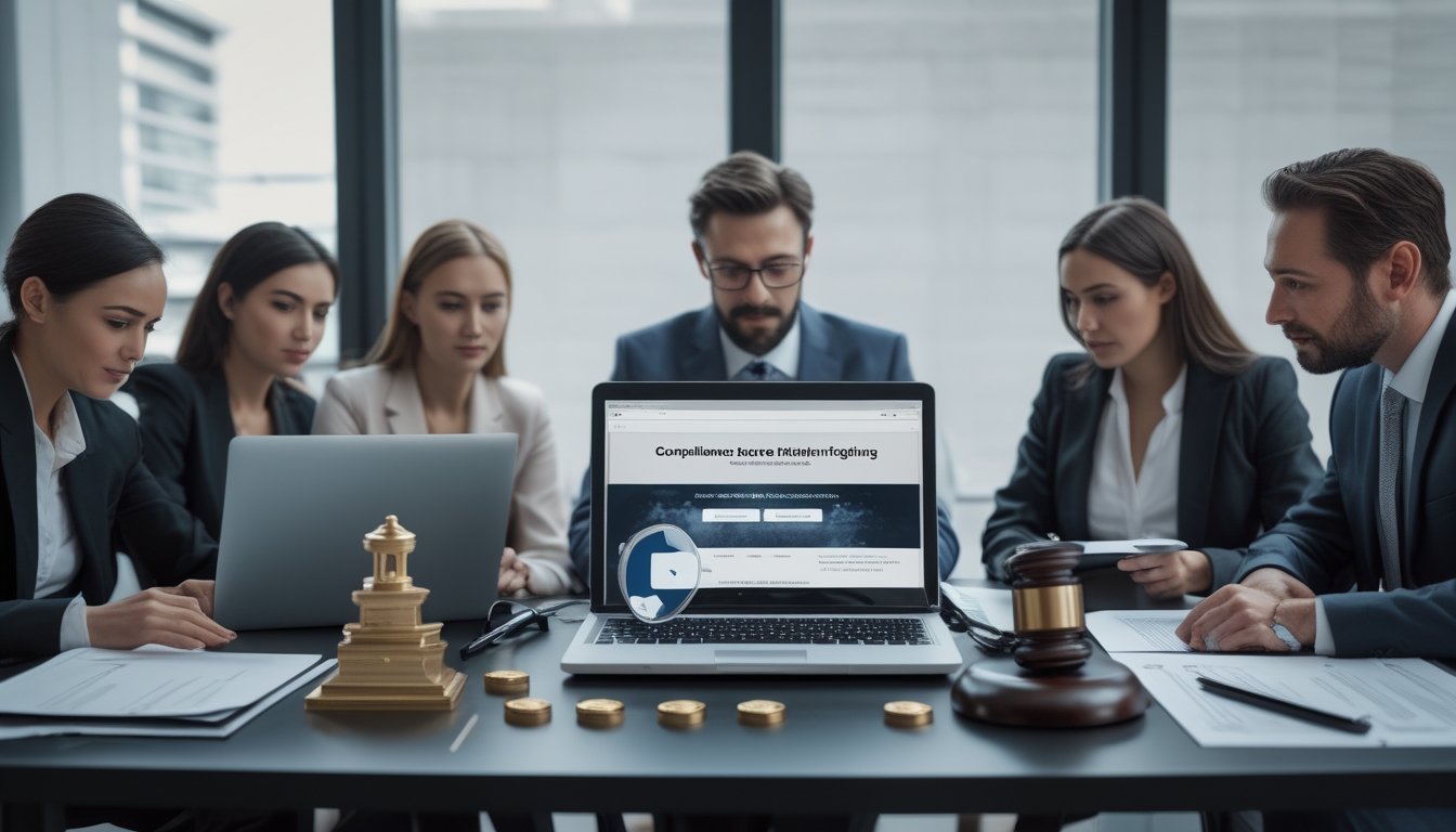 Tim profesional meninjau dokumen hukum dan keamanan platform digital di ruang kantor modern.