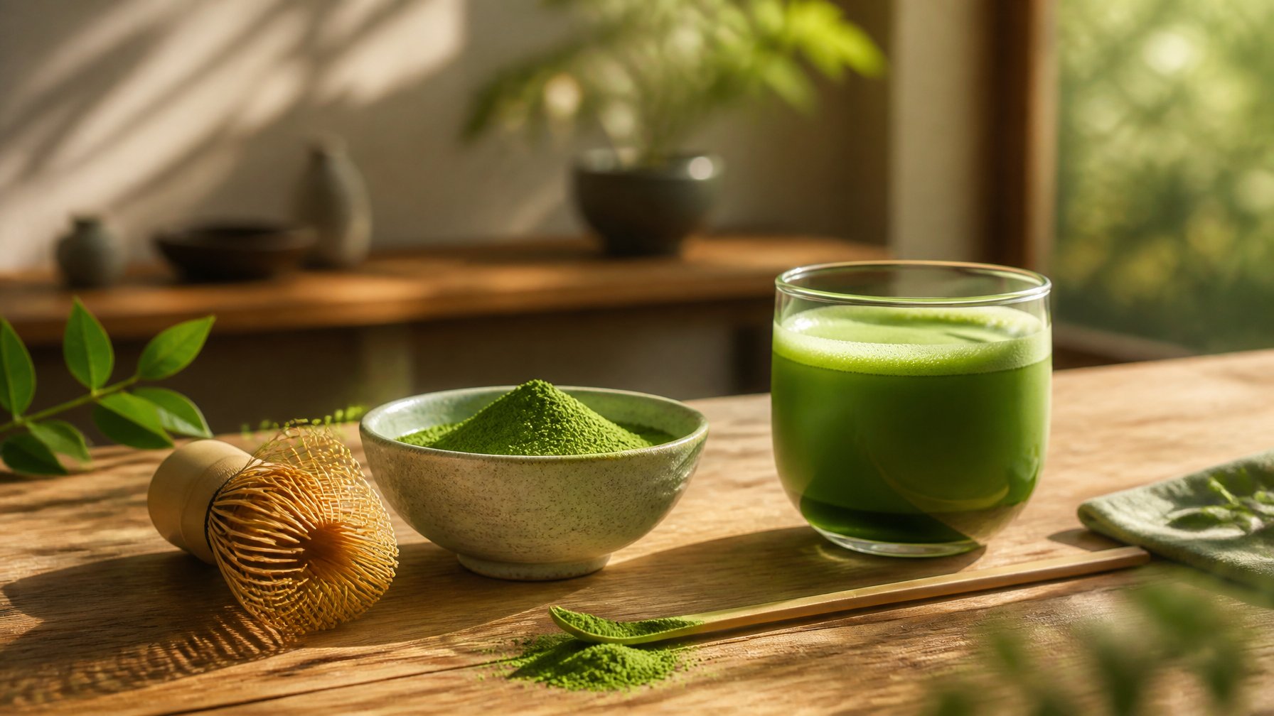A bowl of bright green matcha, bamboo tea tools, and a cup of whisked matcha on a sunlit wooden table.