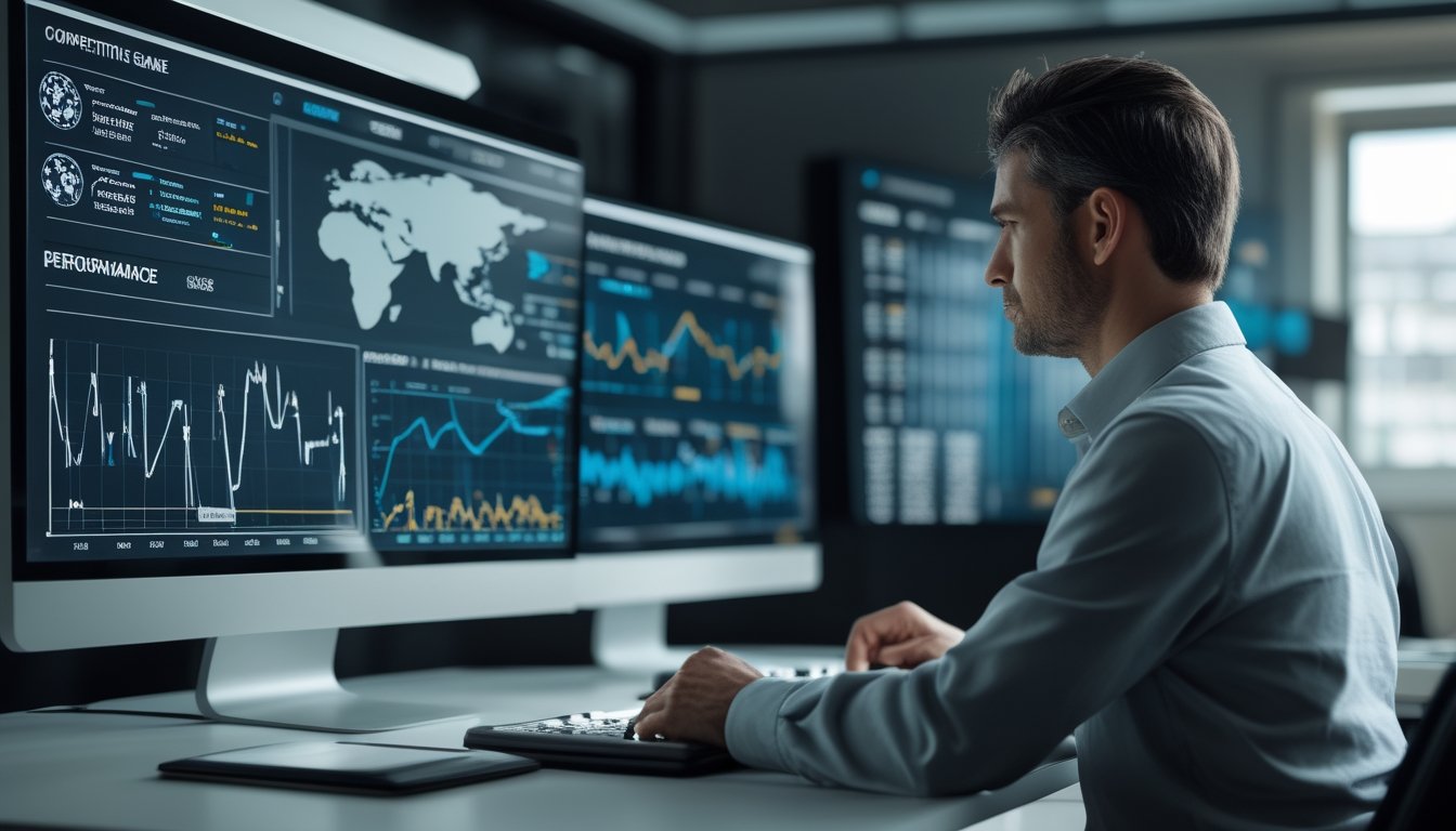 Seorang analis mempelajari grafik statistik pertandingan di ruang kerja modern.