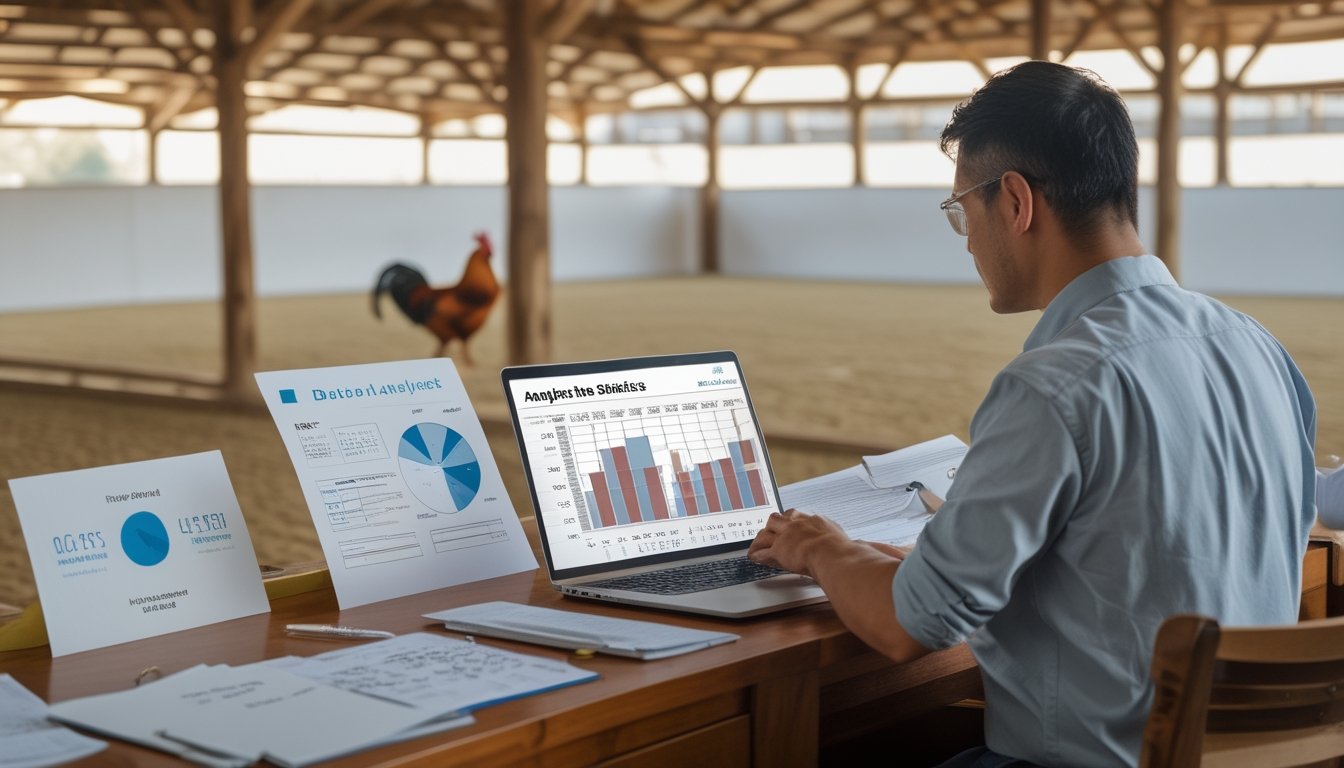 Seorang analis memeriksa grafik statistik pertandingan di meja, dengan seekor ayam jantan sehat terlihat di arena yang bersih.
