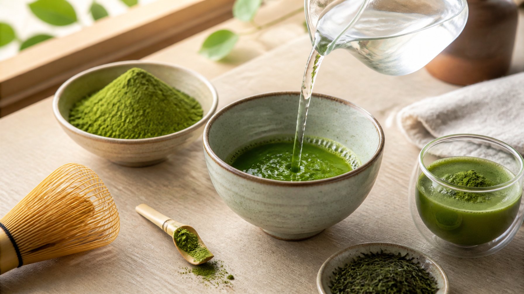 A bowl of matcha powder, whisk, scoop, and prepared green tea arranged on a wooden table.
