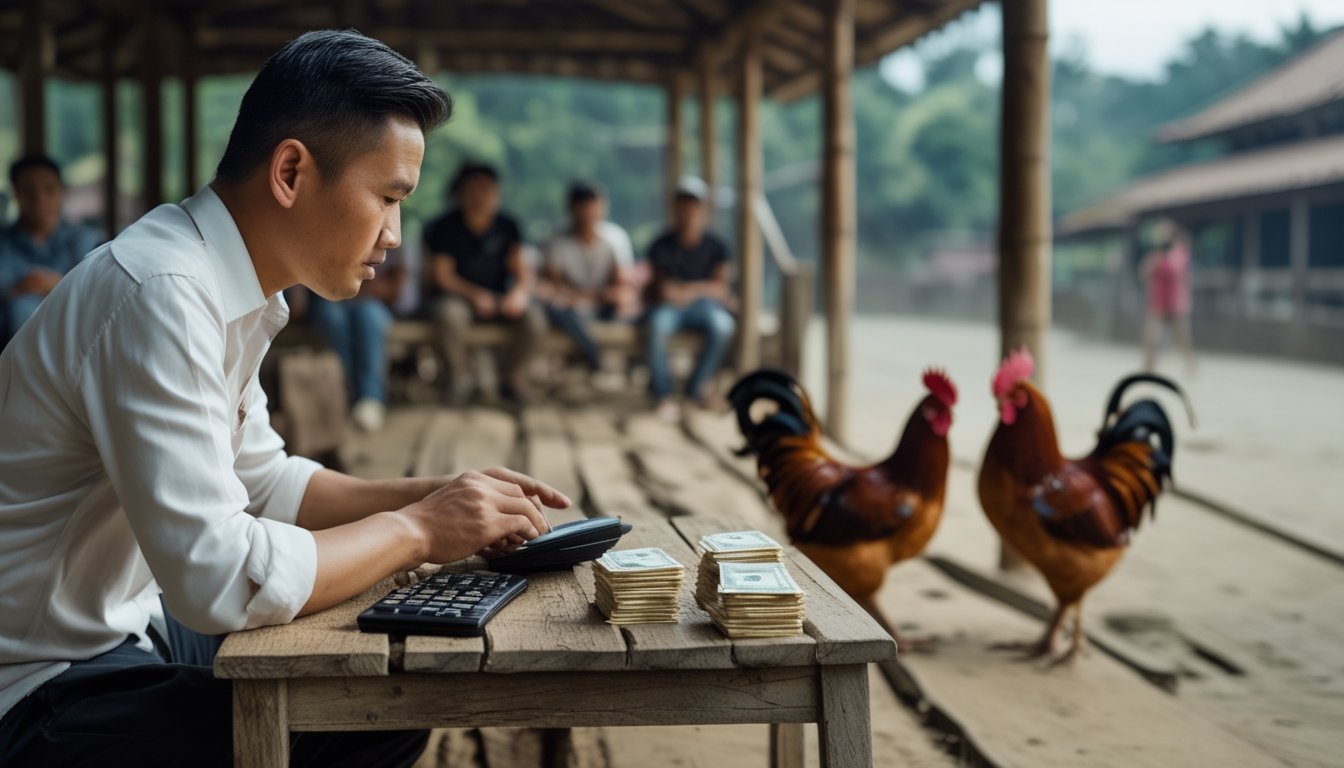 Seorang pria menghitung anggaran dengan tenang di dekat arena sabung ayam, sementara suasana arena tampak samar di latar belakang.