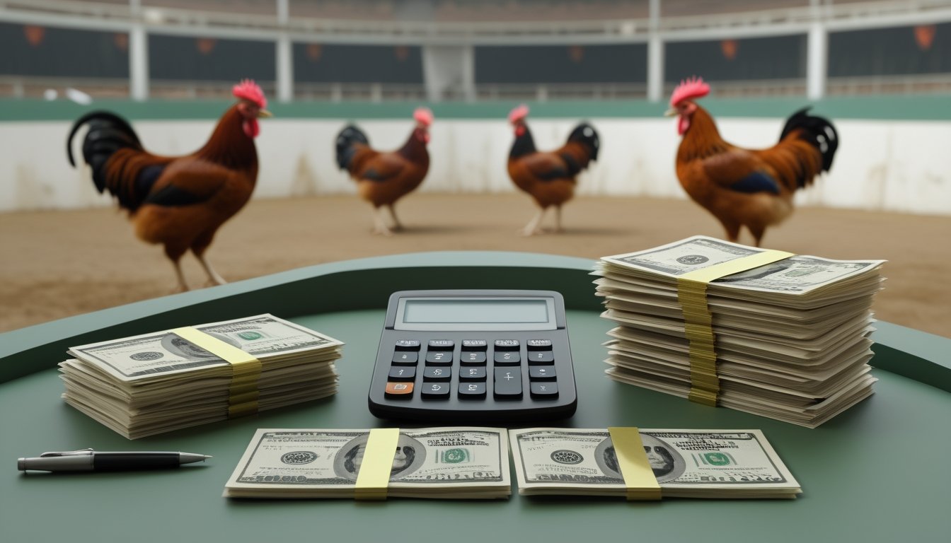 Meja dengan uang rupiah, kalkulator, buku catatan kosong, dan amplop anggaran di depan arena sabung ayam yang tampak samar.