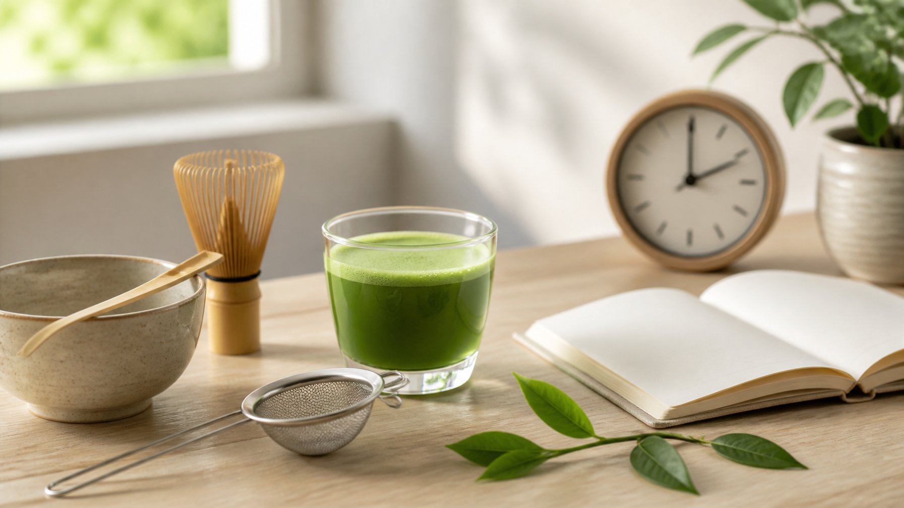 A bowl and glass of green matcha tea with traditional tea tools on a wooden kitchen surface beside a clock and blank notebook.