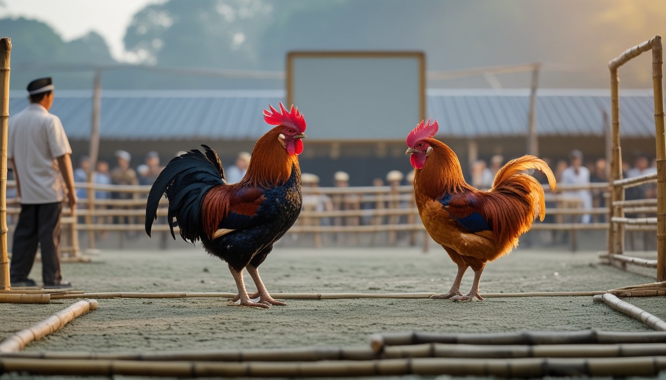 Dua ayam jantan sehat berada di arena tradisional dengan pawang dan penonton di latar belakang.