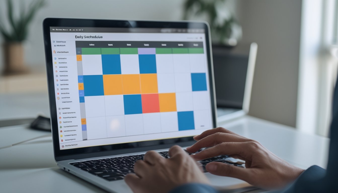 Seseorang membuka jadwal harian pada ponsel dan laptop di atas meja.