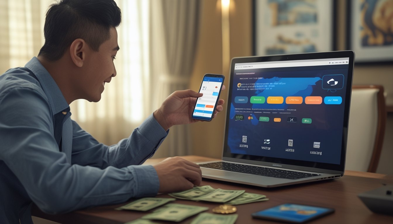 Pria dewasa melihat ponsel dan laptop di meja dengan uang rupiah di sampingnya.