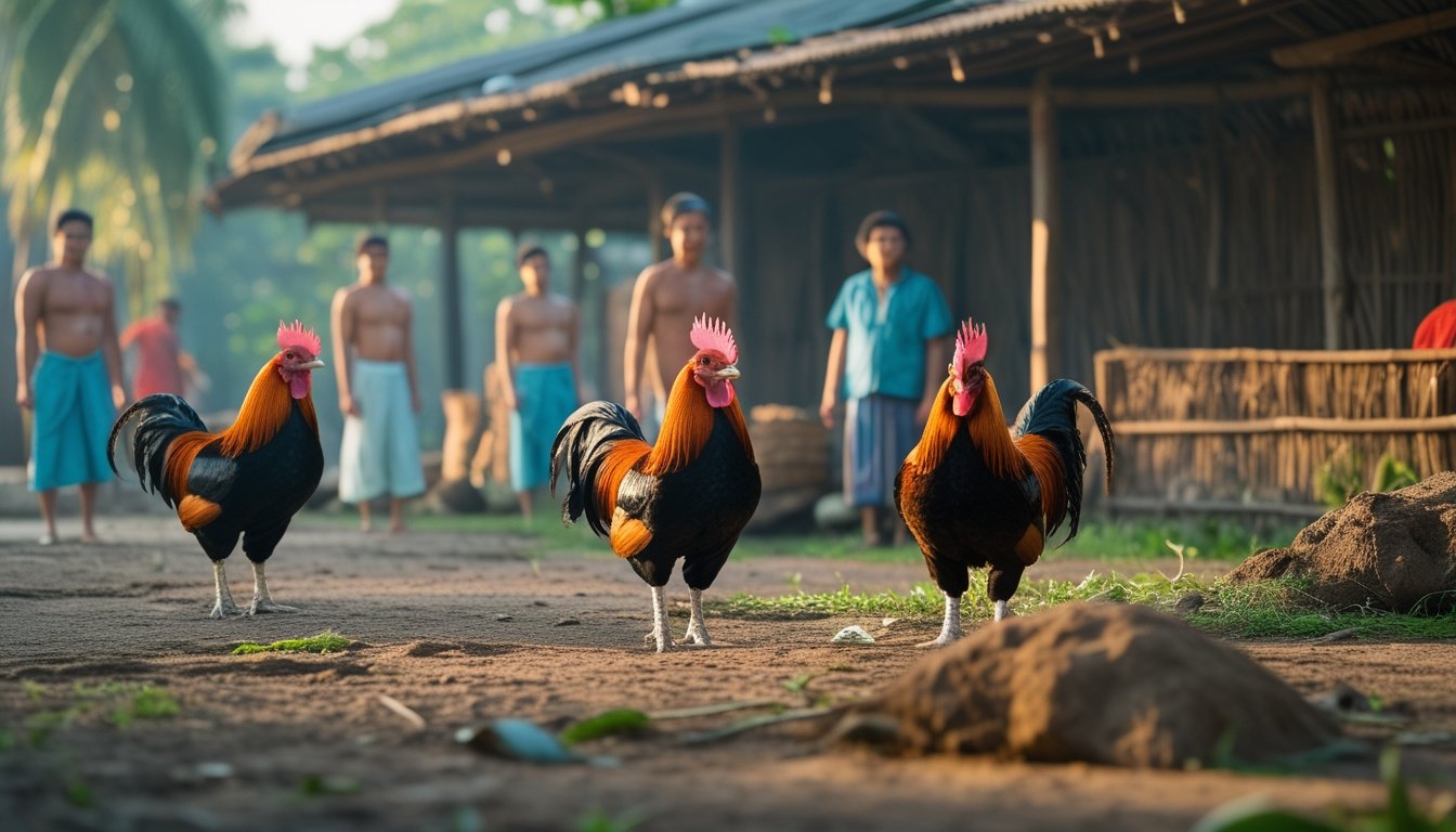 Tiga ayam jantan dan beberapa pawang berada di arena pedesaan tropis yang tenang.