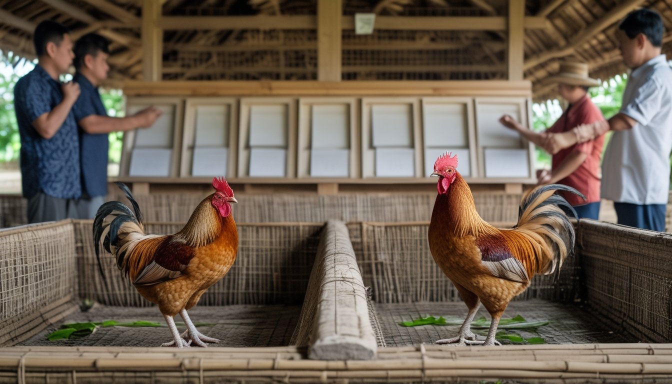 Pengunjung mengamati dua ayam jantan dalam kandang bambu di arena pedesaan.