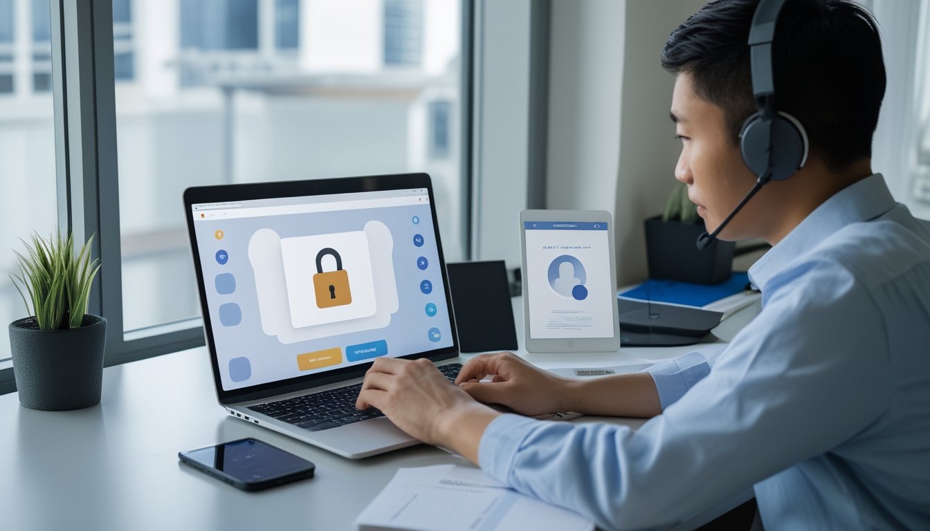 Seseorang memecahkan masalah login di meja kerja dengan laptop dan ponsel.