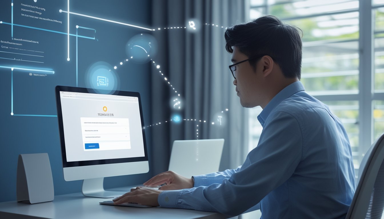 Seseorang memeriksa koneksi internet dan akses login di laptop dengan router dan ponsel di meja.