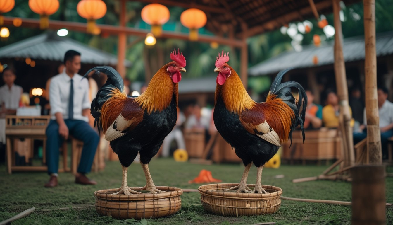 Suasana pertemuan budaya di paviliun bambu dengan dua ayam jantan yang ditampilkan oleh pawang dan petugas layanan yang membantu pengunjung.
