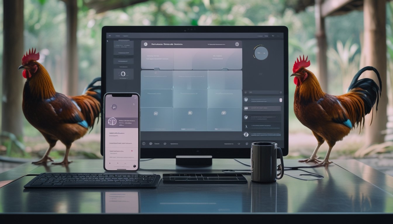 Perangkat digital menampilkan antarmuka layanan dengan latar suasana pedesaan dan dua ayam jantan dalam kandang terpisah.