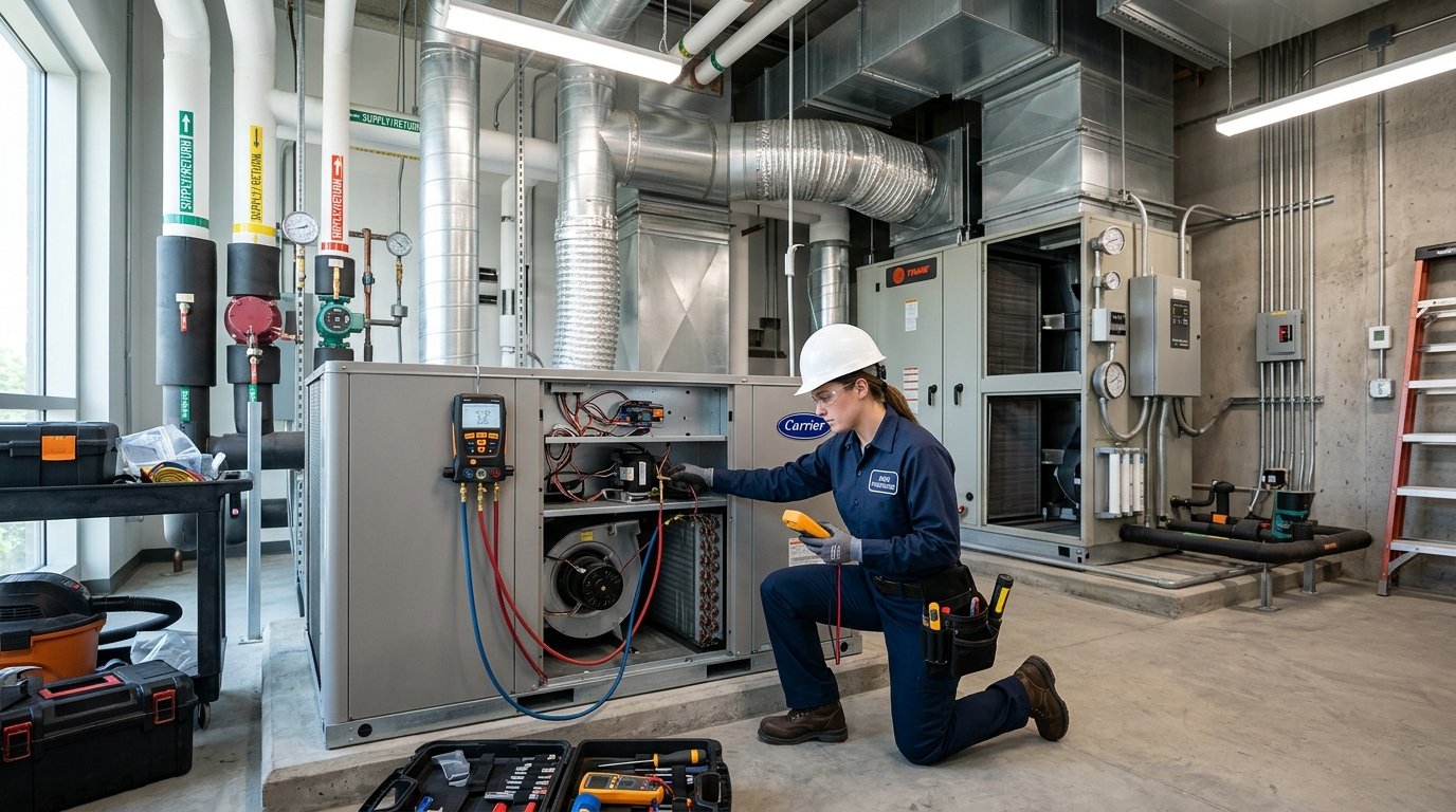An HVAC technician inspects a commercial air-conditioning system in a mechanical room.