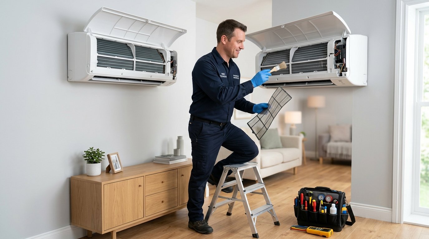 An HVAC technician inspects and cleans an indoor air conditioning unit in a home.