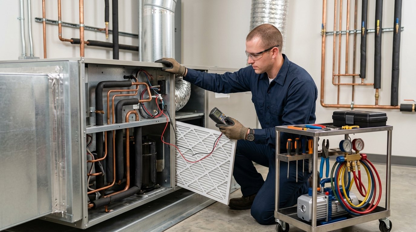 HVAC technician performing preventive maintenance on a central air conditioning system.