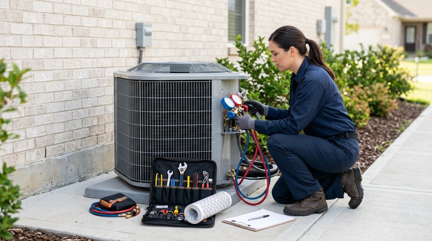 An HVAC technician inspects a home air conditioning system with maintenance tools nearby.