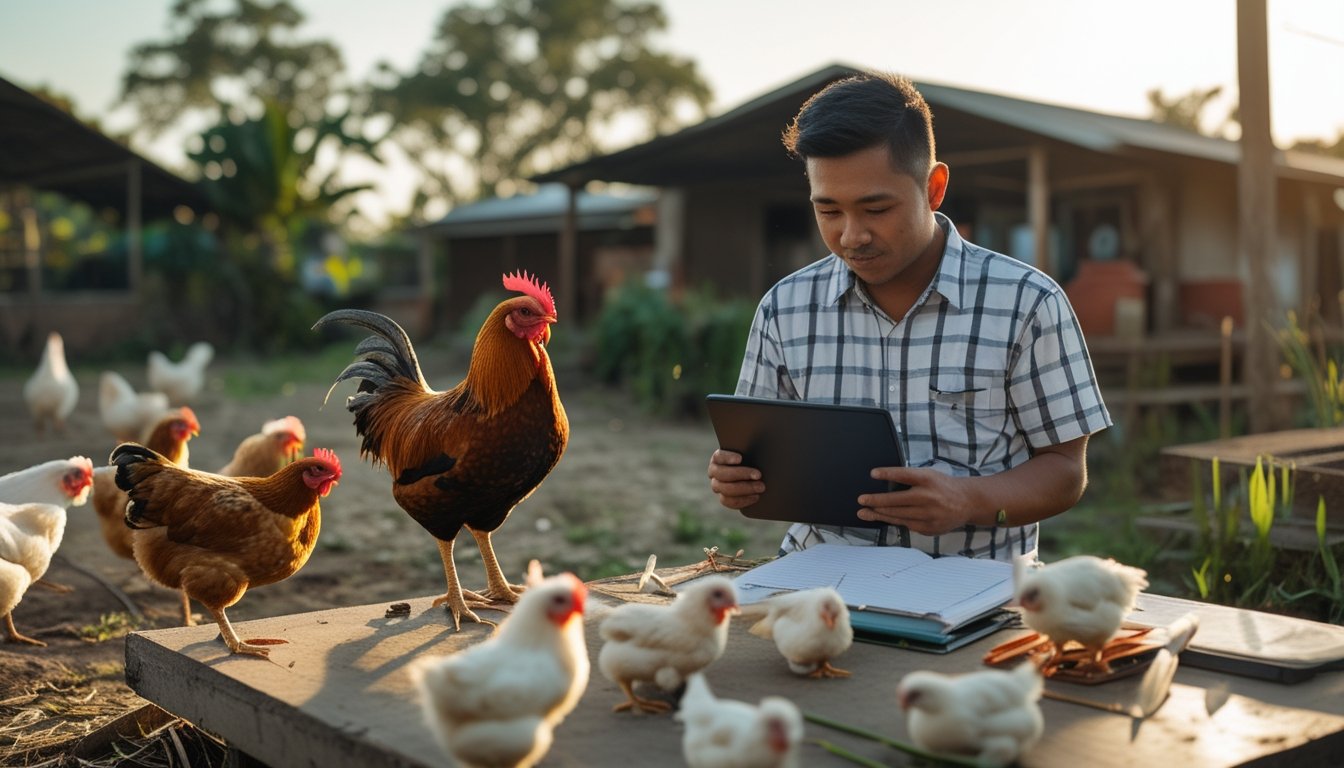 Peternak memeriksa ayam sehat di kandang bersih dengan tablet dan perlengkapan pencatatan di meja.