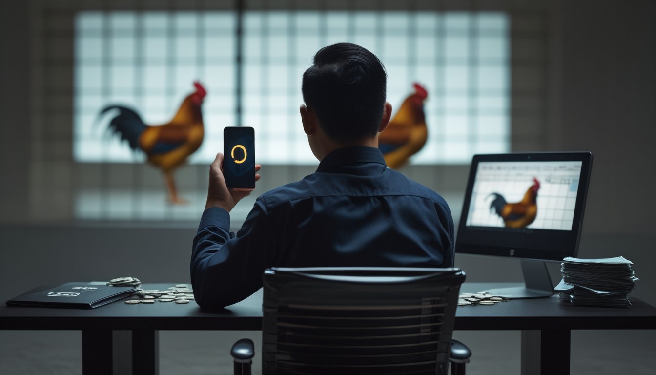 Seseorang tampak cemas melihat ponsel di meja dengan dokumen hukum, uang, dan simbol risiko perjudian sabung ayam.