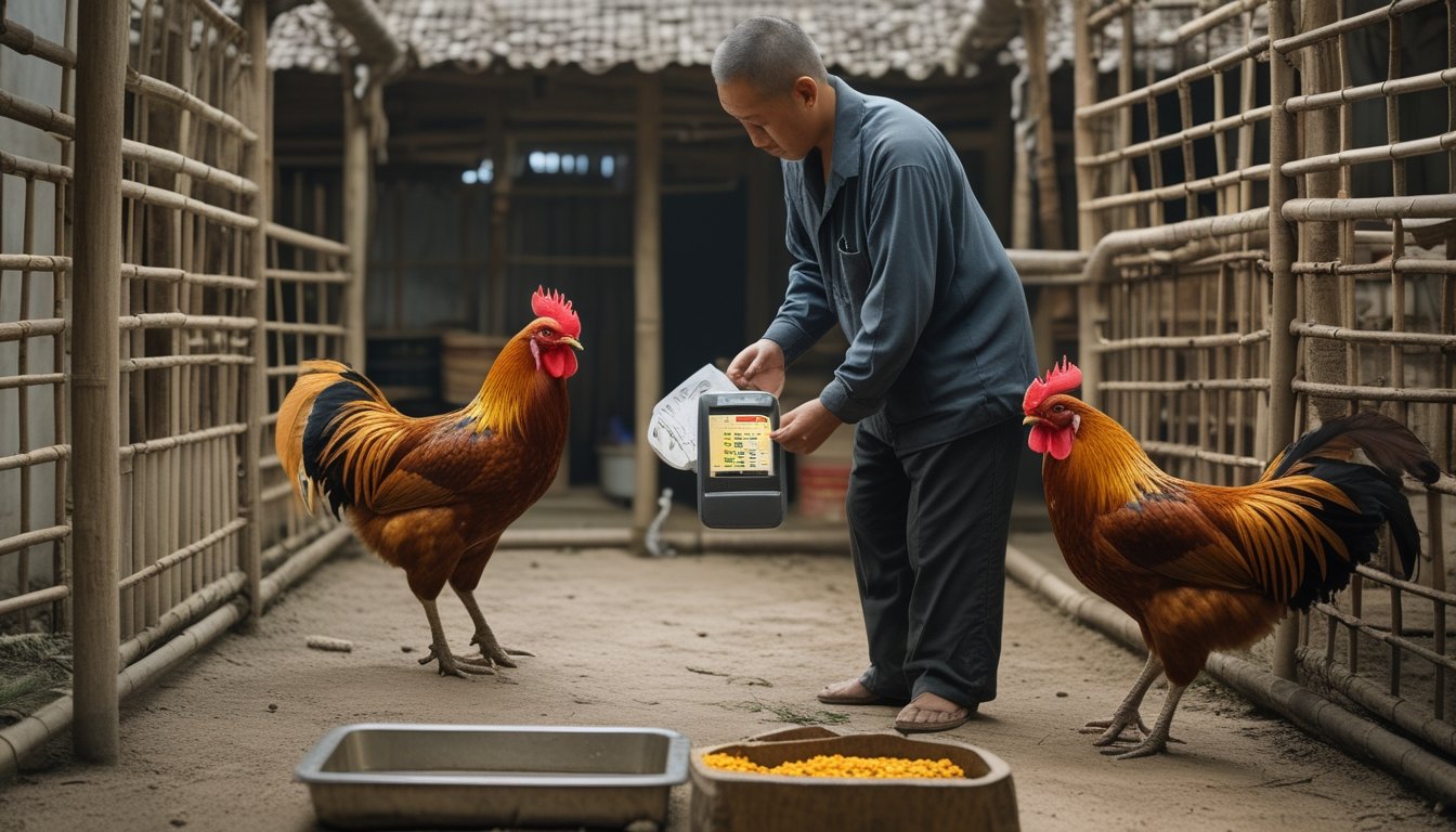 Seorang penjaga merawat dua ayam jantan sehat di kandang terpisah dalam lingkungan pedesaan yang bersih.