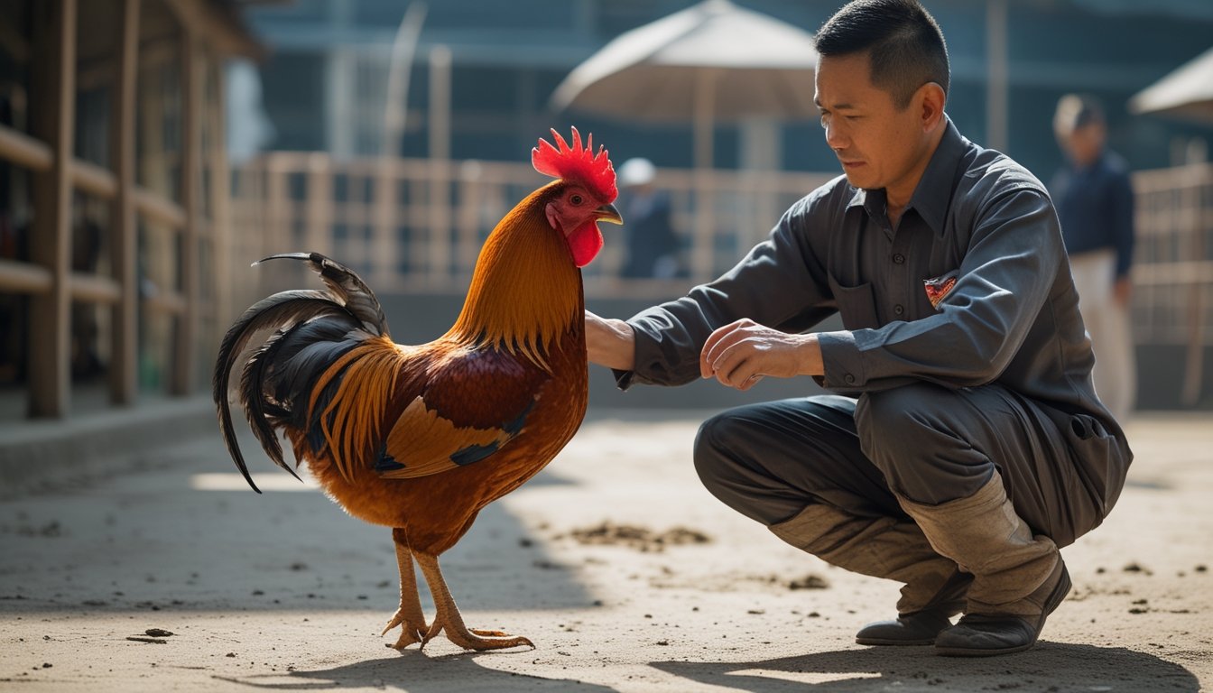 Seorang pawang memeriksa ayam jantan di area arena yang bersih dengan beberapa pengamat di latar belakang.