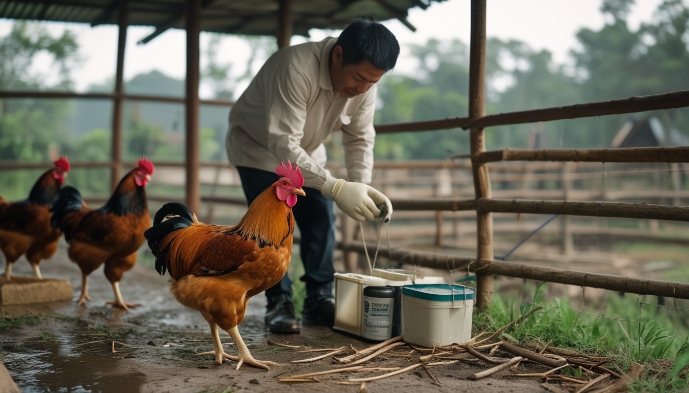 Seorang handler memeriksa kondisi ayam jantan yang sehat di kandang bersih dengan perlengkapan perawatan hewan.