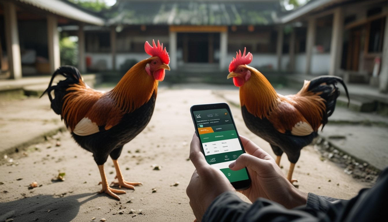 Dua ayam jantan berdiri tenang di halaman pedesaan, sementara seseorang menggunakan ponsel di latar depan.