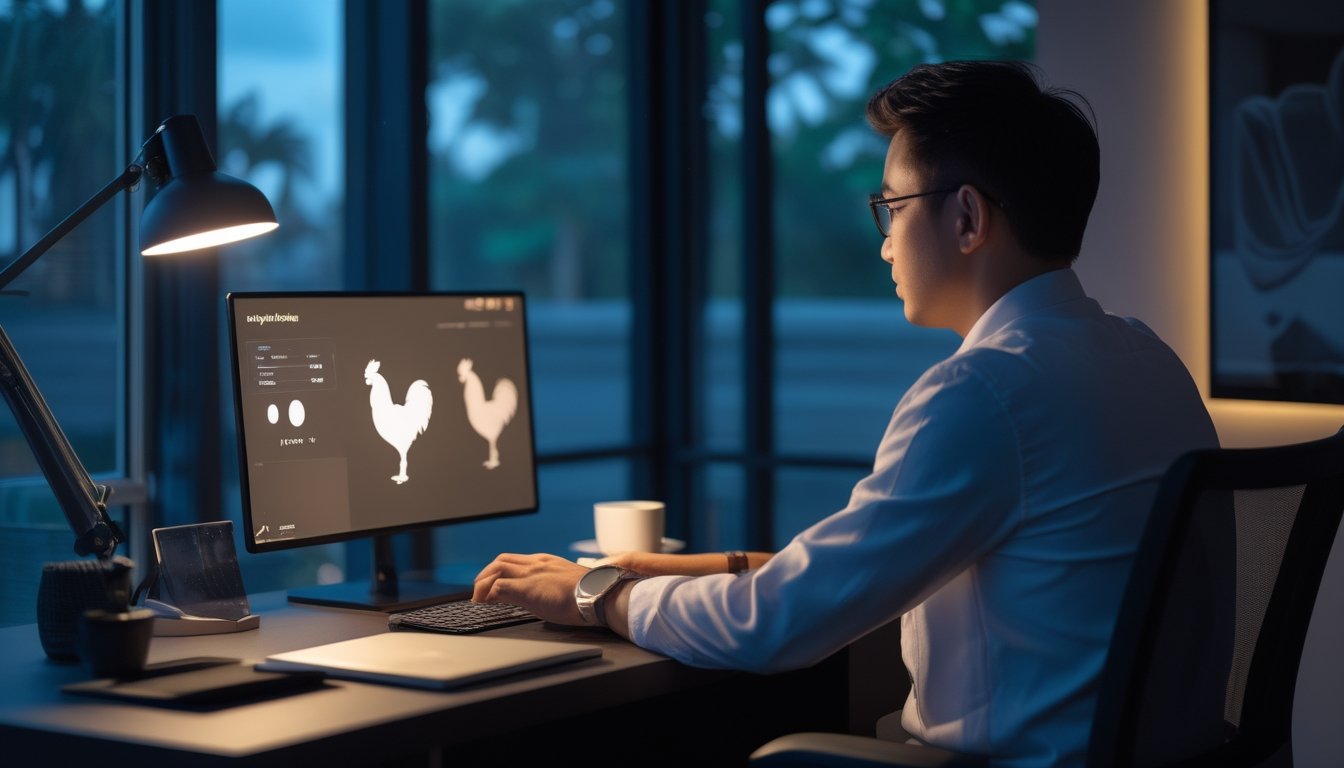 Seorang penghobi melihat perangkat digital di ruang kerja modern dengan hiasan siluet ayam.