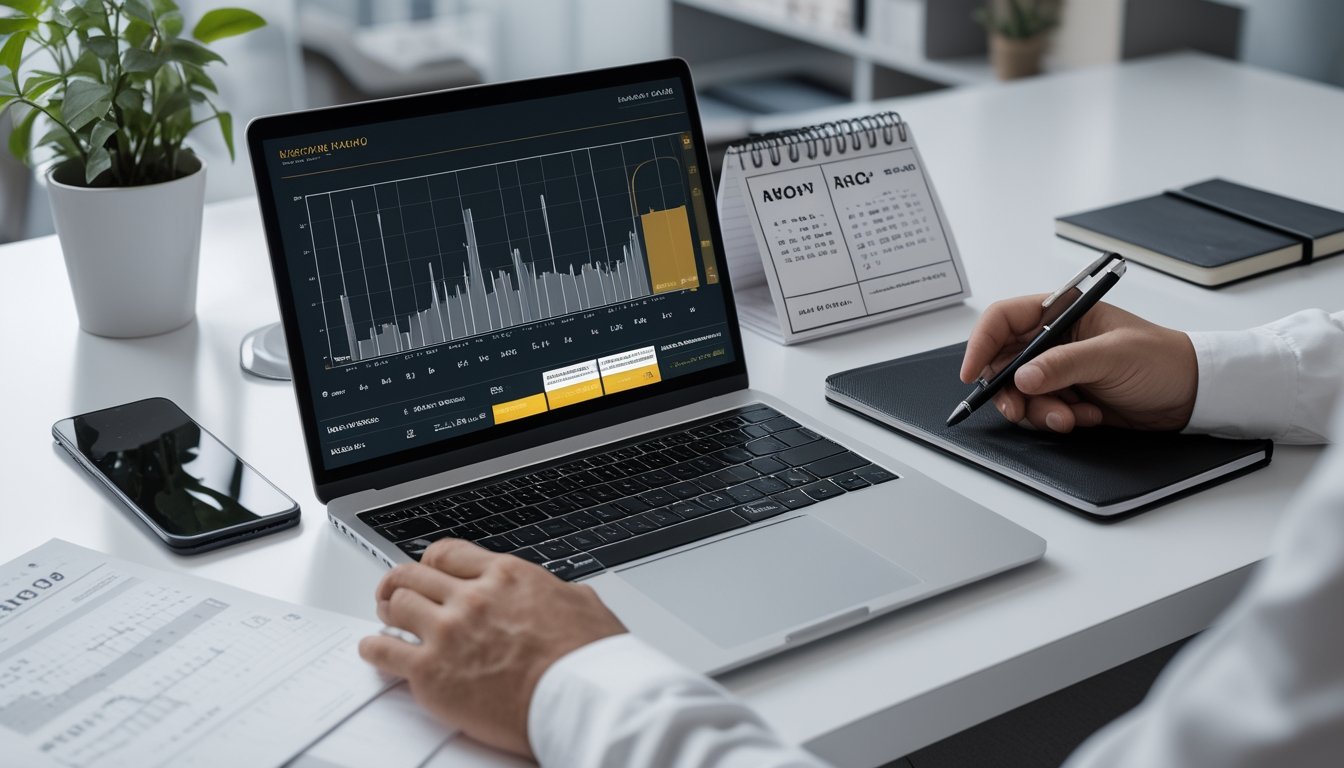 Meja kerja modern dengan laptop berisi grafik analisis, ponsel, uang rupiah, dan perlengkapan tulis.