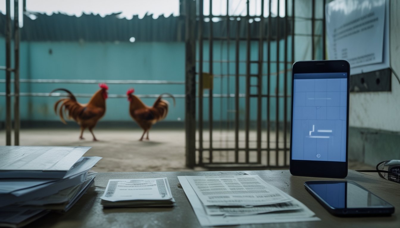 Arena sabung ayam yang sepi dengan meja taruhan, dokumen, dan kamera keamanan.