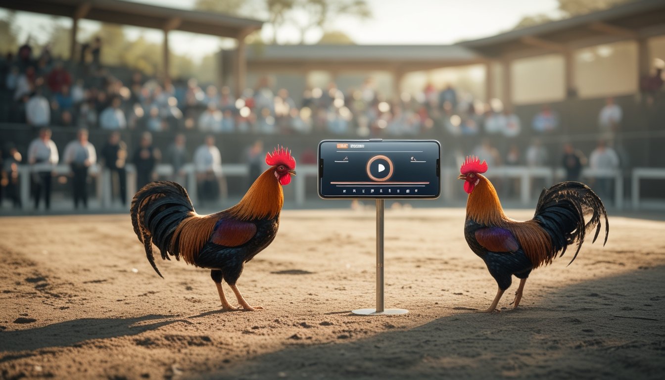 Penonton melihat siaran langsung dua ayam jantan melalui layar ponsel di arena terbuka.