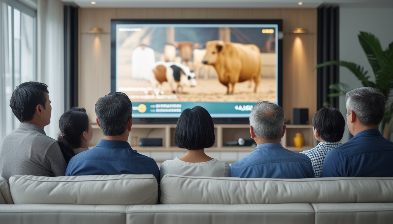 Orang dewasa menonton siaran pertandingan tradisional melalui televisi di ruang keluarga modern.