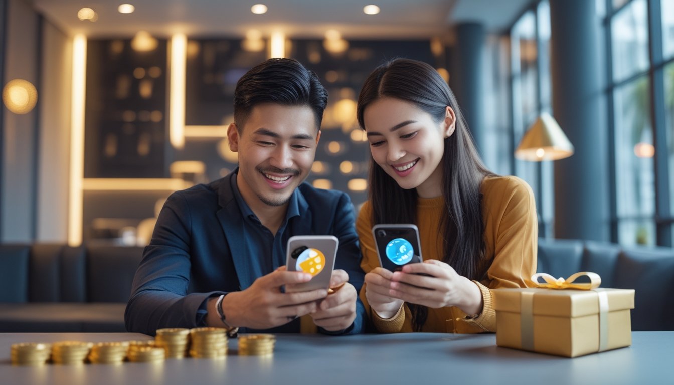 Dua orang dewasa tersenyum sambil melihat ponsel dalam suasana ruang modern yang meriah.