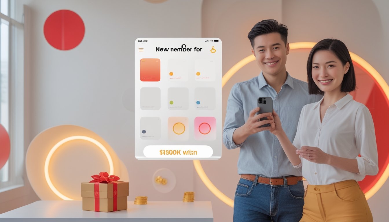 Dua orang dewasa tersenyum menyambut anggota baru di studio modern dengan hadiah dan ponsel.